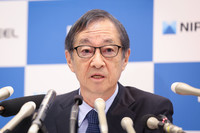 Nippon Steel Chairman and CEO Eiji Hashimoto speaks at a press conference regarding a lawsuit against an order to block the acquisition of U.S. Steel in Tokyo's Chiyoda Ward on Tuesday.