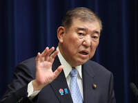 Japanese Prime Minister Shigeru Ishiba speaks at a press conference in Tokyo on Monday.