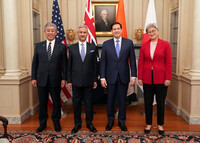 (From left) Japanese Foreign Minister Takeshi Iwaya, Indian External Affairs Minister Subrahmanyam Jaishankar, U.S. Secretary of State Marco Rubio and Australian Foreign Minister Penny Wong attend a meeting at the U.S. State Department in Washington on Tuesday. (Courtesy of the Japanese Foreign Ministry)