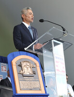 Ichiro Suzuki delivers a speech at a U.S. National Baseball Hall of Fame induction ceremony in Cooperstown, New York, on Sunday.