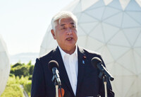 Japanese Defense Minister Gen Nakatani speaks to reporters in Sanyoonoda, Yamaguchi Prefecture, on Monday.