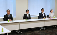 Kazuhiko Shigetoku (second from left) of the main opposition Constitutional Democratic Party of Japan speaks at a meeting of opposition party policy chiefs in Tokyo on Tuesday.