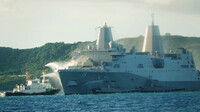 A fire occurs on the USS New Orleans off Uruma, Okinawa Prefecture, on Wednesday afternoon. (Courtesy of local coast guards)